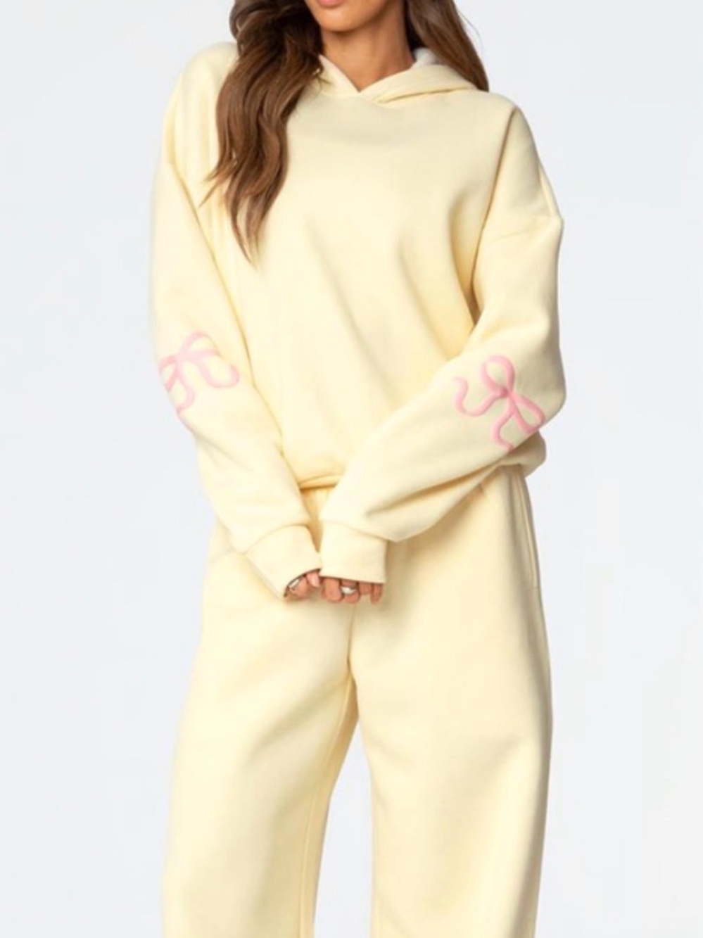 Edikted Cream Hoodie with Pink Sleeve Bows